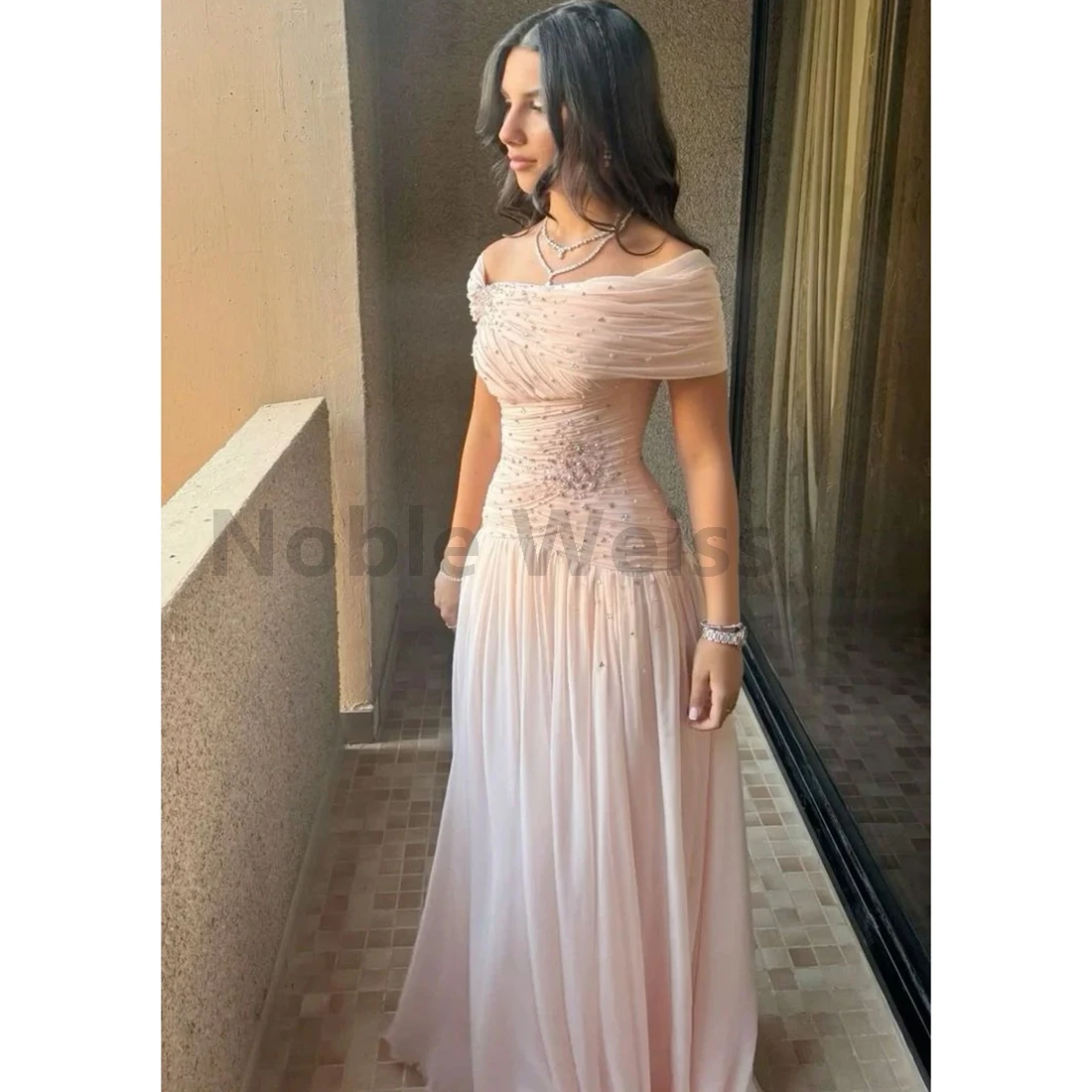 

Off Shoulder Chiffon Evening Dress A LINE Pearls Long Prom Gowns Customize