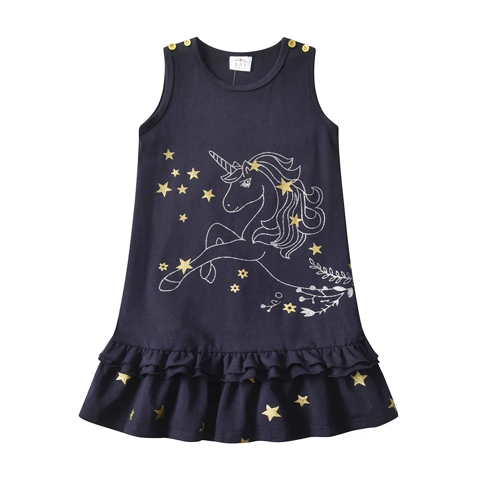 VIKITA Girls Navy Blue Sleeveless Summer Dress Kids Cotton Casual Daily School Unicorn Star Print Ruffle Hem Straight Dresses