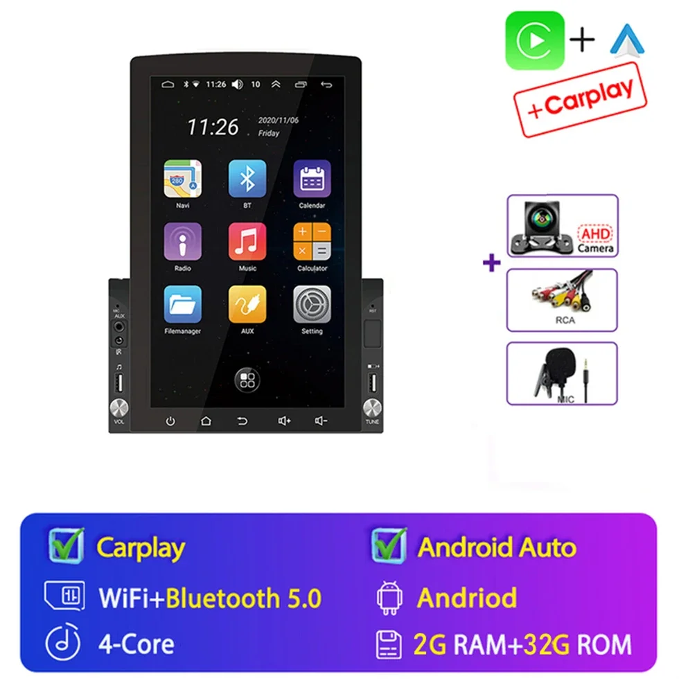 Android 15 Auto Auto Radio Universeel Voor 10.1 inch Voor Tesla Stijl Verticaal Scherm Multimedia Navigatie Carplay 2 Din 4G + WIFI