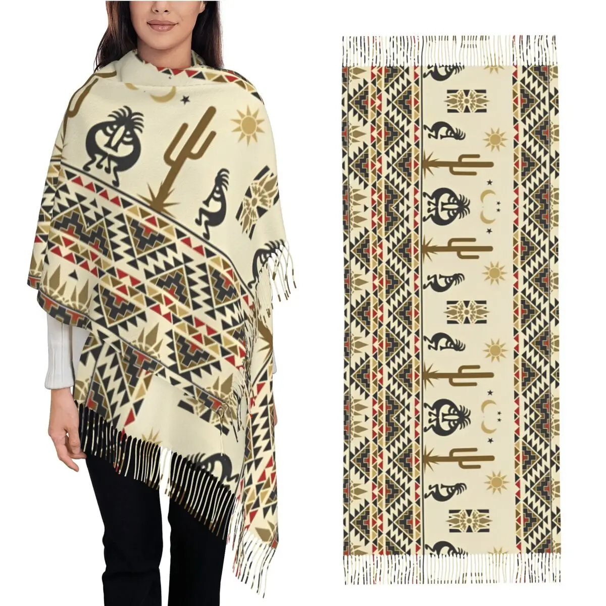 Southwestern Kokopelli Aztec Design Shawl Wraps for Women Winter Large Soft Scarf African Tribal Neckerchief Tassel Scarves