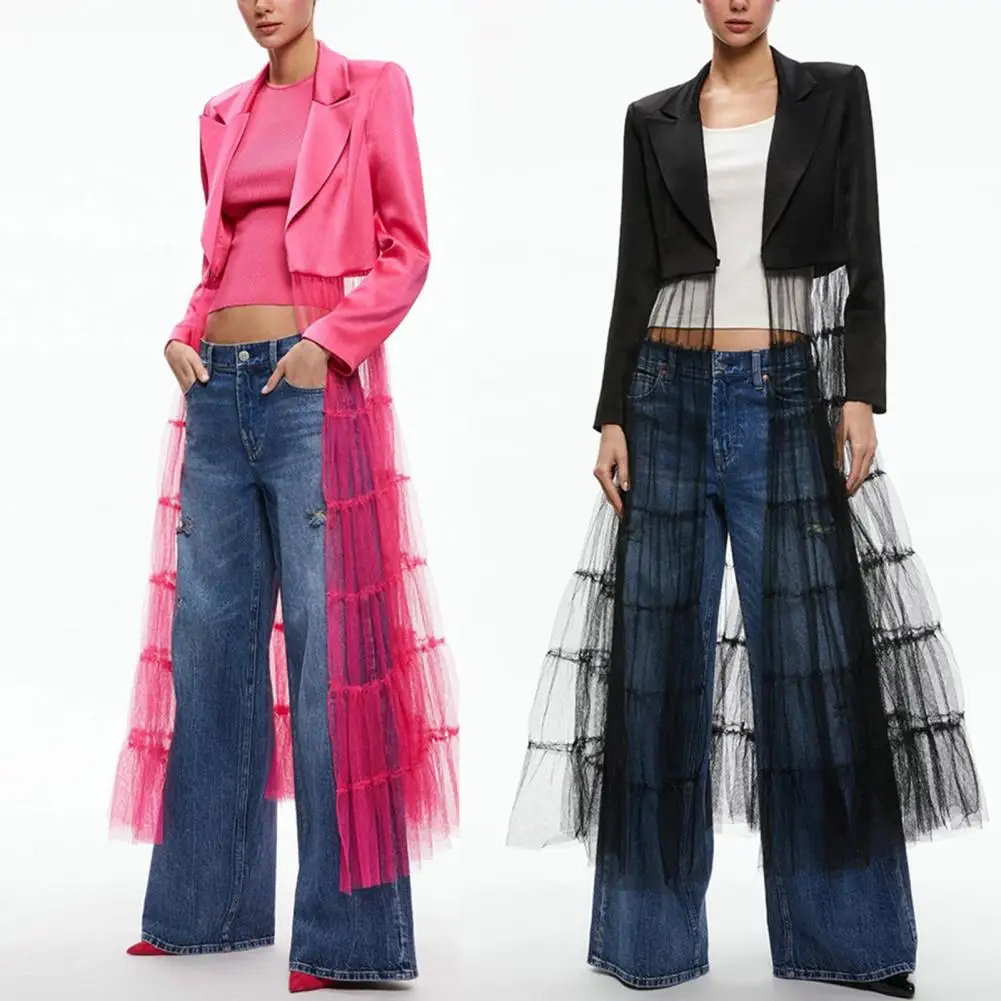 Elegant Calf-length Dress Elegant Satin Lady Stage Show Coat Dress with Mesh Patchwork A-line Silhouette Women's Fashion