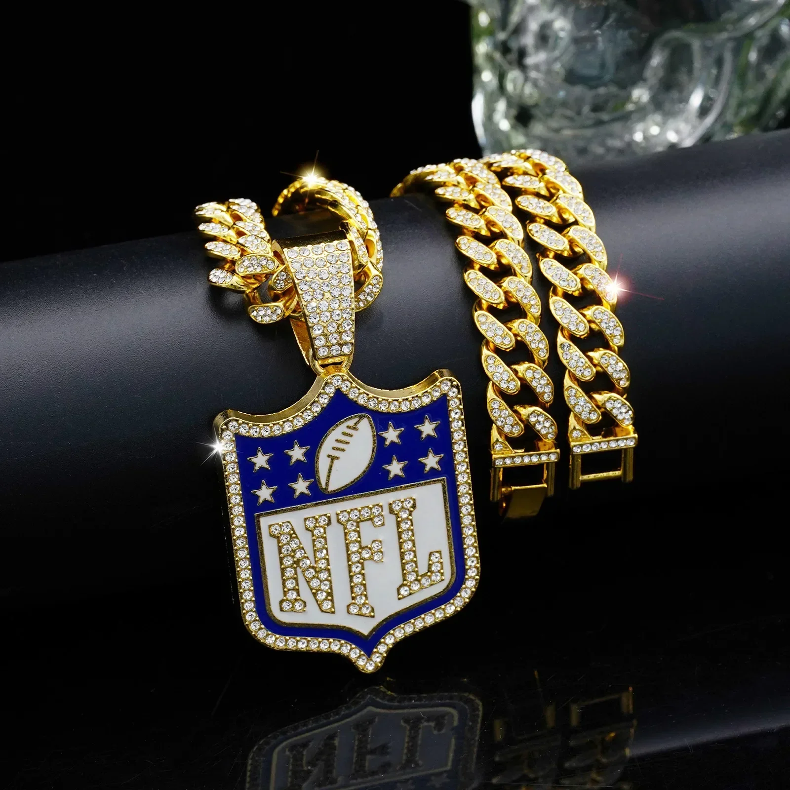 Hip Hop Punk NFL Logo Football League Emblem Chains Cuban Necklace for Football Fans Icy Hip Hop Pendant for Jewelry Men