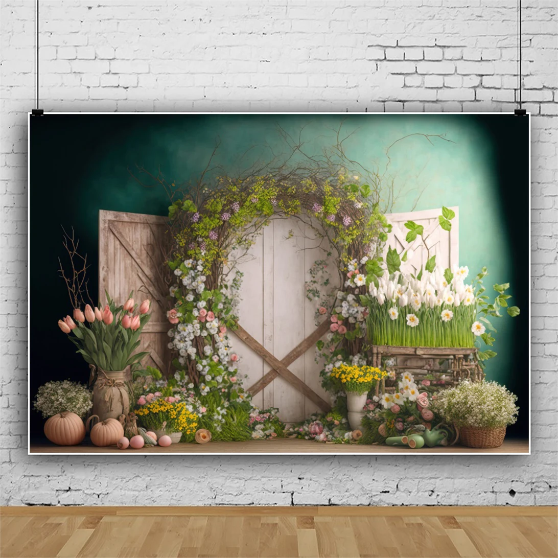 ฉากหลังสำหรับถ่ายภาพเทศกาลอีสเตอร์แฮปปี้ประตูไม้ฤดูใบไม้ผลิพื้นหลังรูปกระต่ายไข่หลากสีแบนเนอร์สำหรับงานเลี้ยงวันเกิดของเด็กทารกอุปกรณ์สำหรับสตูดิโอ2024