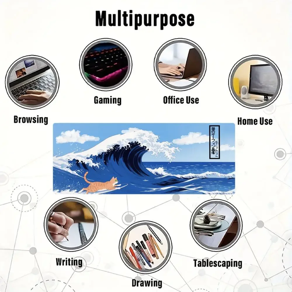 แผ่นรองเมาส์สำหรับเล่นเกมขนาดใหญ่ XXL ดีไซน์ลายคลื่นทะเล พร้อมลูกแมว ขอบเย็บ เหมาะสำหรับใช้ในสำนักงานและที่บ้าน