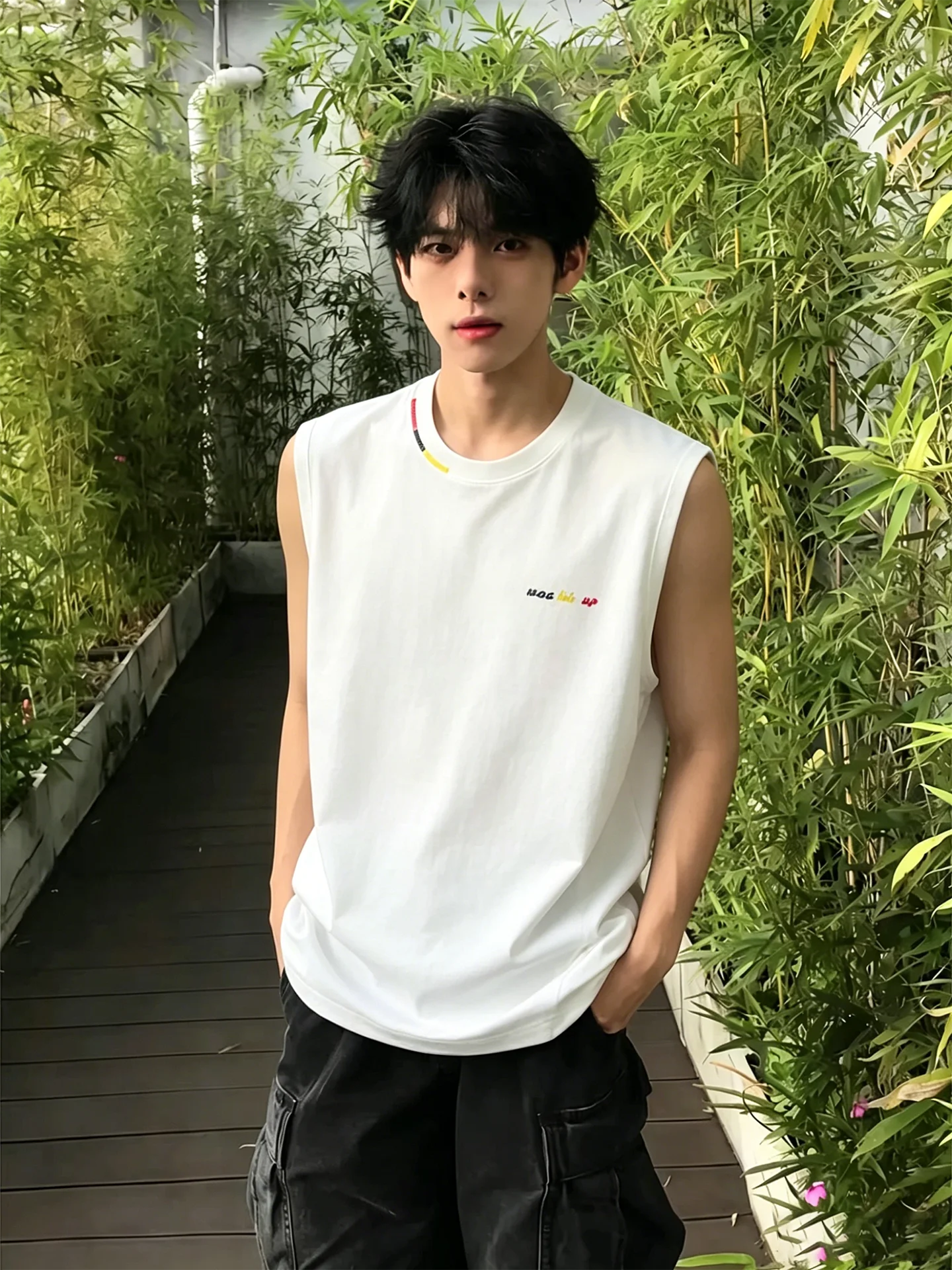 

White Embroidered Pure Cotton Vest Men's Style Summer Handsome Sleeveless T-Shirt Sporty Shoulder Sweatshirt Breathable Moist...