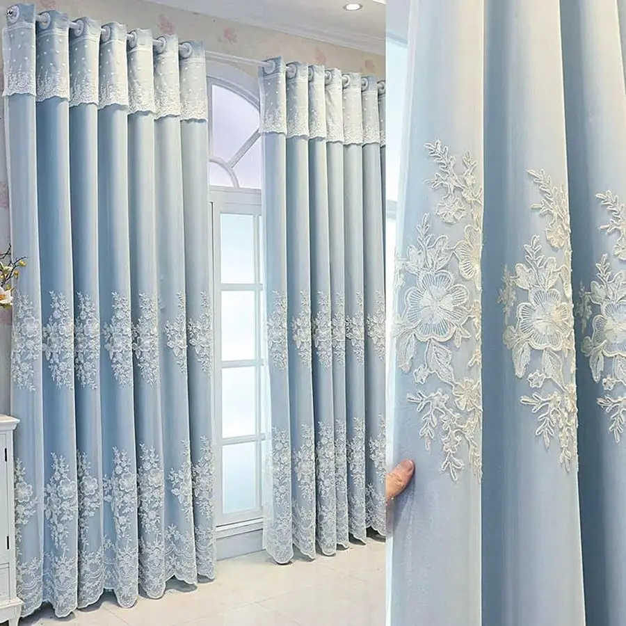 

1 Pair European Double Layer Curtains Luxury Flower Embroidered Curtains for Living Room Bedroom Blue,52x84 Inch
