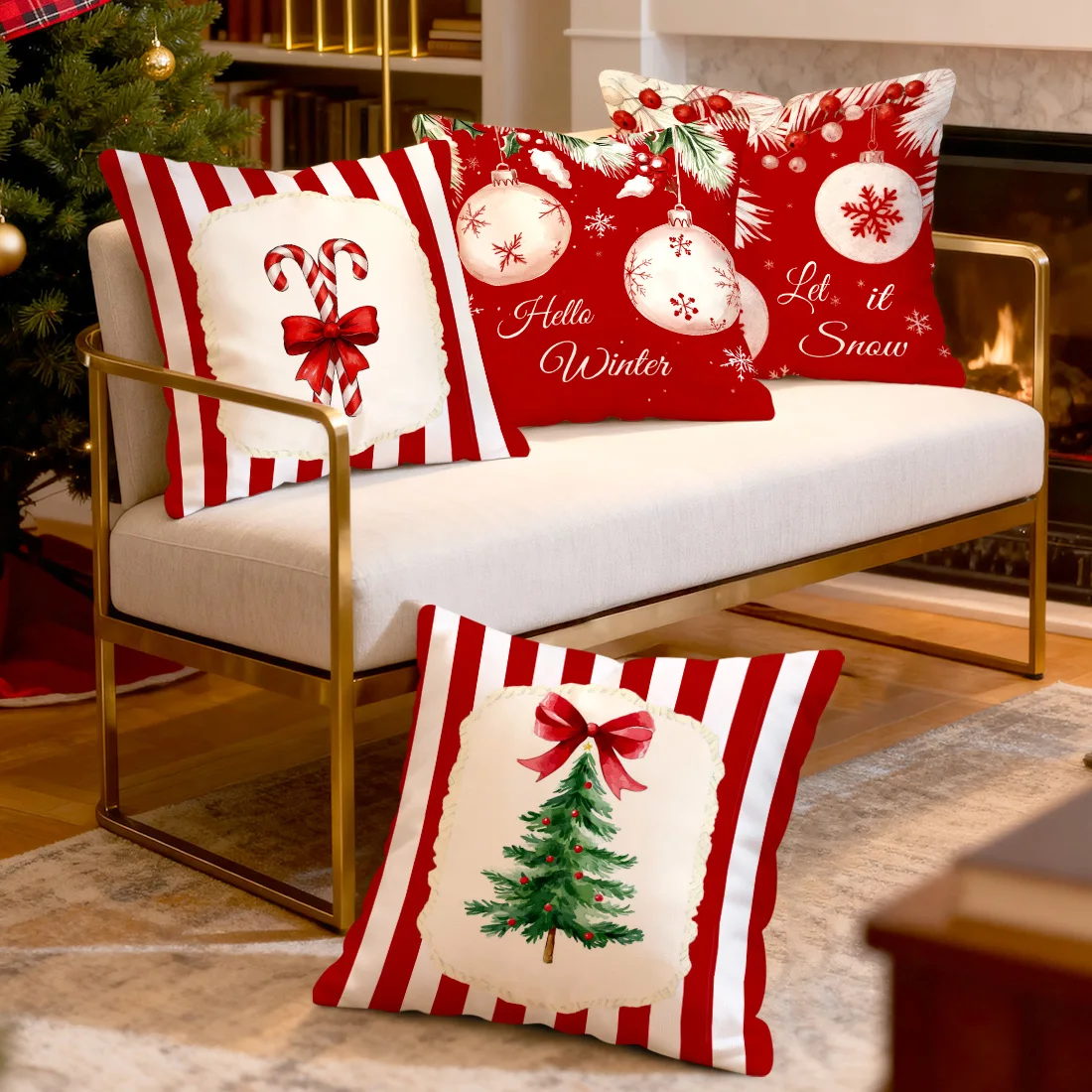 Red striped Christmas decoration ball  Cushions Pillowcase Polyester Cushion Cover Throw Pillow Pillowcover Home Car Sofa Decor