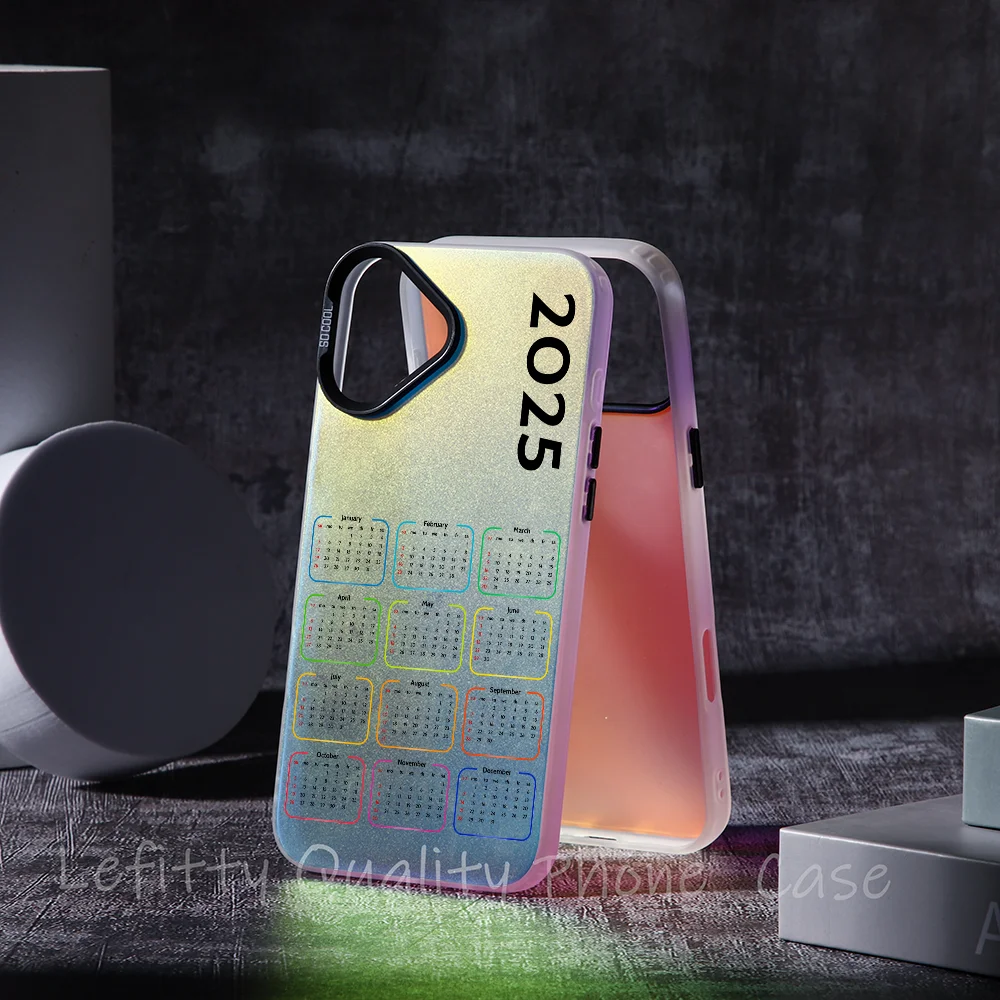 2025 New Year Calendar Phone Case Laser Metallic For IPhone 16 15 14 13 12 11 Pro Max Matte Aurora Multicolor Gradient Cover