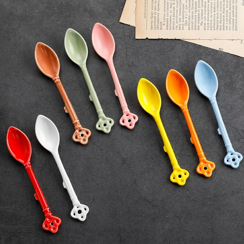 

YJQ 10PCS ceramic coffee mixing spoon creative flower dessert mug small spoon gift
