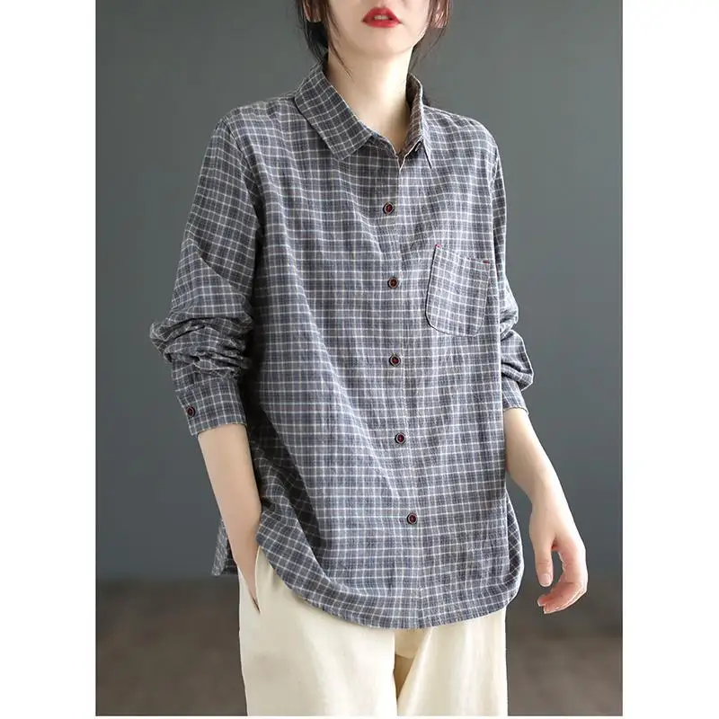 Cotton Brushed Spring New Retro Button Checkered Long Sleeved Shirt for Women Loose and Versatile Minimalist Casual Shirt Top