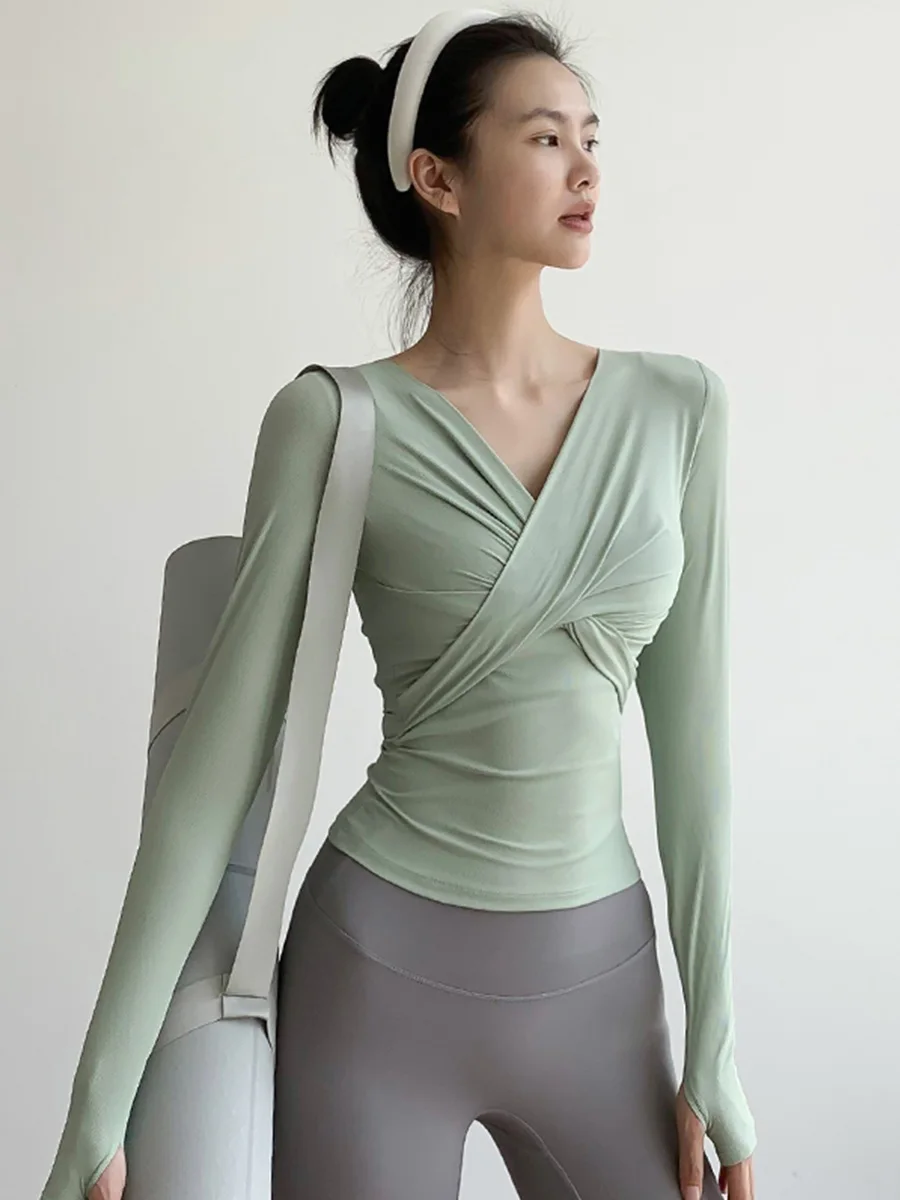 여성 요가 피트니스 티셔츠 꽉 긴 소매 빠른 건조 야외 실행 통기성 봄 새로운 스타일 한국어 버전 v 넥 짧은