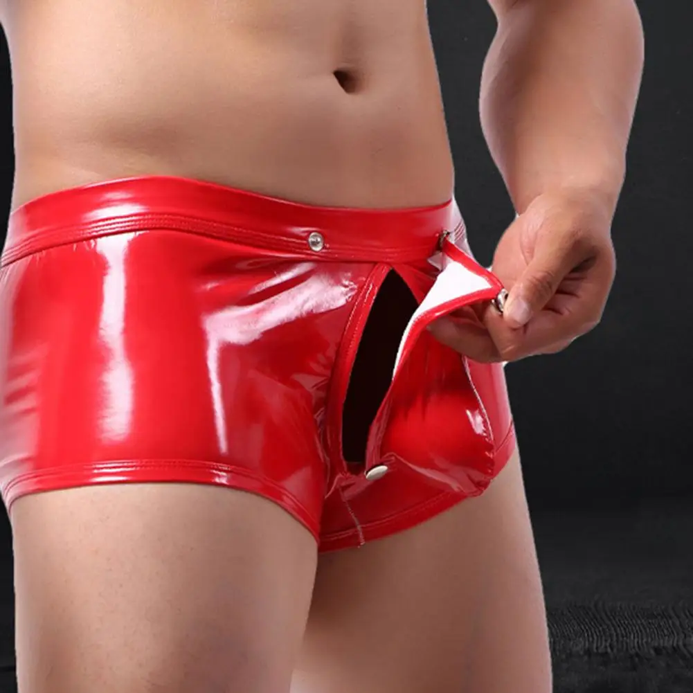 Men Faux Leather Underwear Party Nightclub Men's Underwear Smooth Faux Leather Boxers with U Convex Design Low Waist Elastic