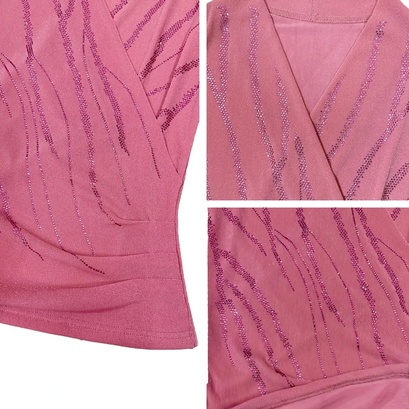 2025,New,European,Clothes,Mesh,T-Shirt,Fashion,Sexy,V-Neck,Shiny,Diamonds,Drape,Women,Tops,Long Sleeve,Drilling,Hot,Tees,510015