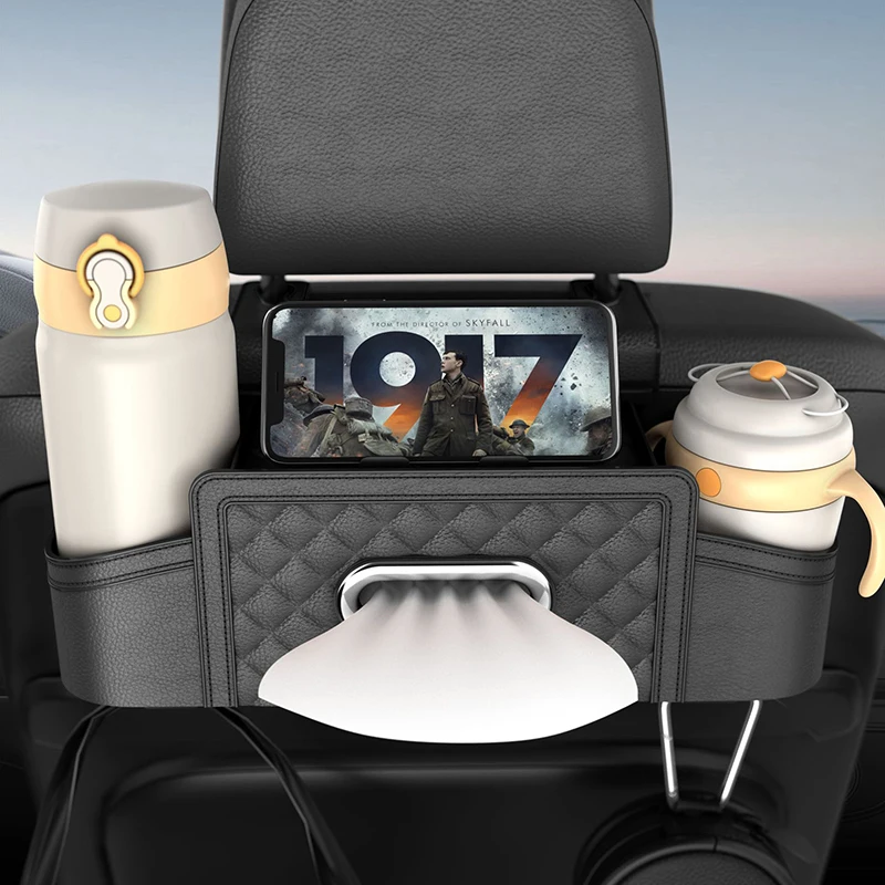 

Многофункциональная кожаная коробка для хранения салфеток на спинку автомобильного сиденья, подставка для телефона и планшета, портативная сумка с крючком для мусора