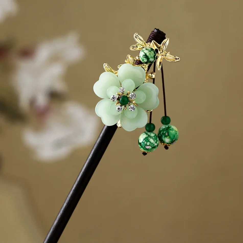 Drewniany sztyft do włosów w stylu chińskim Vintage Winding Flower Tassel Hairpin Ancient Style Step Shake Eleganckie damskie akcesoria do włosów