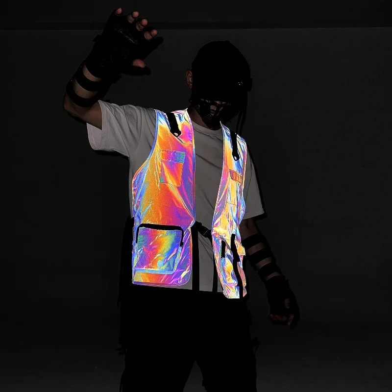 متعددة جيب سترة عاكسة رجالي Techwear سترة كبيرة الحجم فائدة سترة ملونة في الهواء الطلق الدراجات والعتاد المشي لمسافات طويلة البضائع تسخير