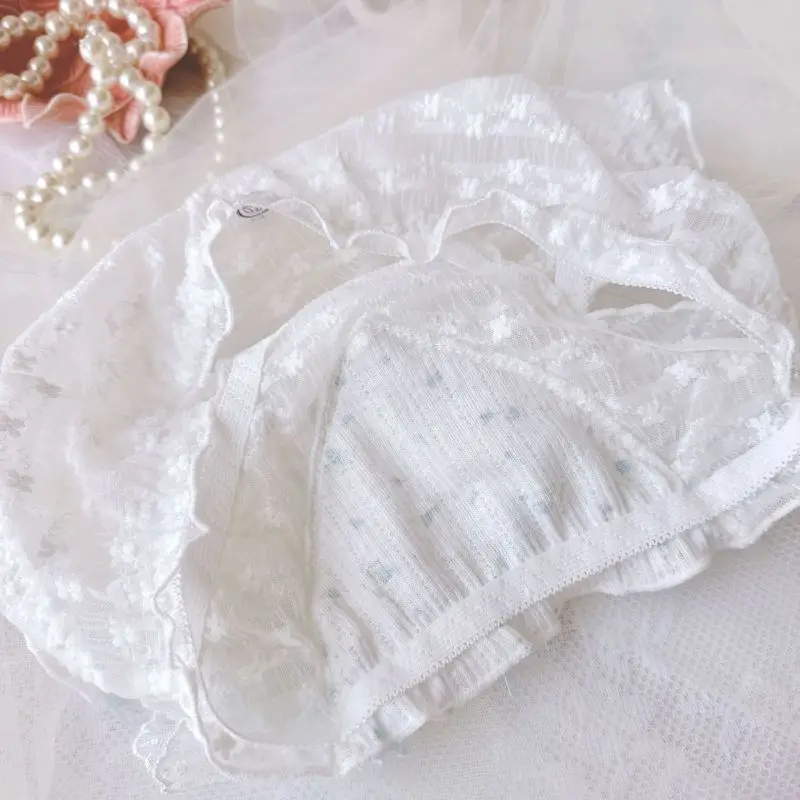 Women Cotton Sexy Mesh Lace Transparent Underwear Bow Cute Lovely Sweety Princess Elasticity Ruffles Breathable Panties Breifs