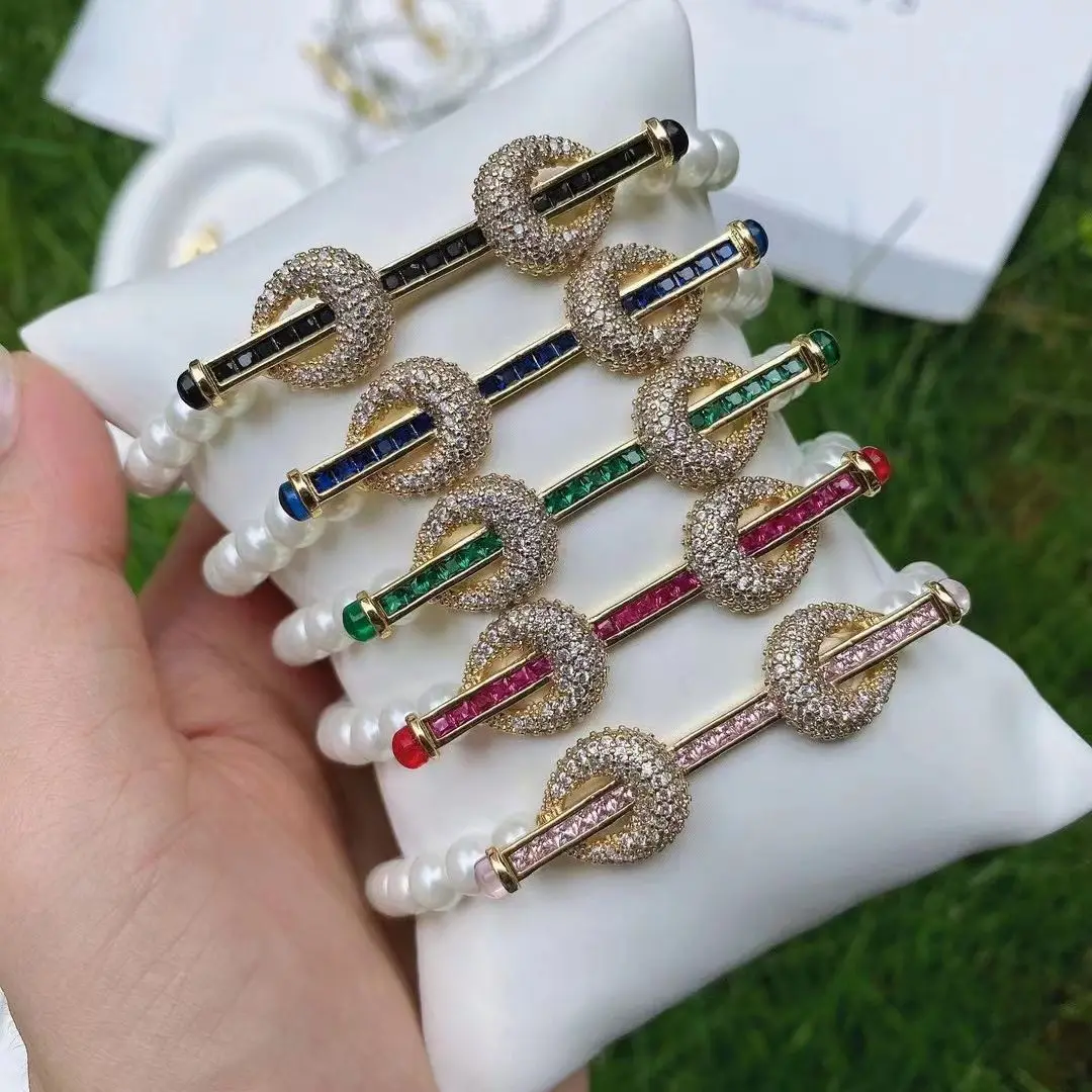 5PCS, Fashion Pearl Shell Beaded Bracelets Charm Zircon Bar Connector Bracelets Bangles For Women Colorful Jewelry