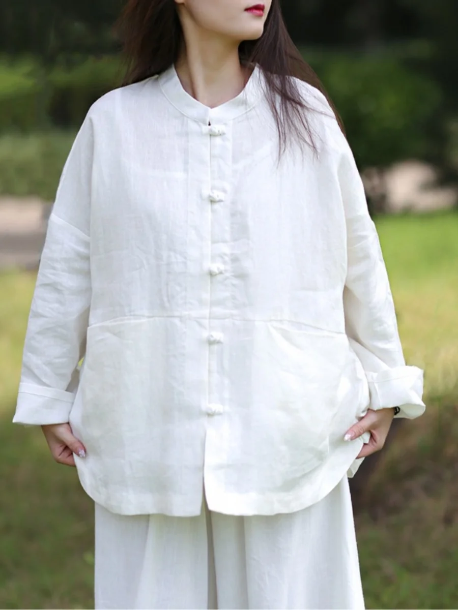 新しい中国風綿麻素材の日本の女性用ジャケット、スタンドカラー、ロング丈、スリーブ、太極拳、レトロなボタン留め、カジュアル、白...