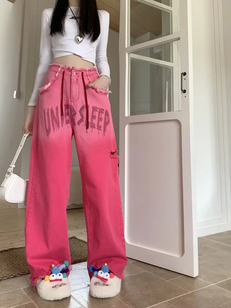 MiiiiX American High Street Pink Contrast Jeans Women's 2024 Fashion Washed Letters Gradient Holes Drawstring Wide Leg Pants