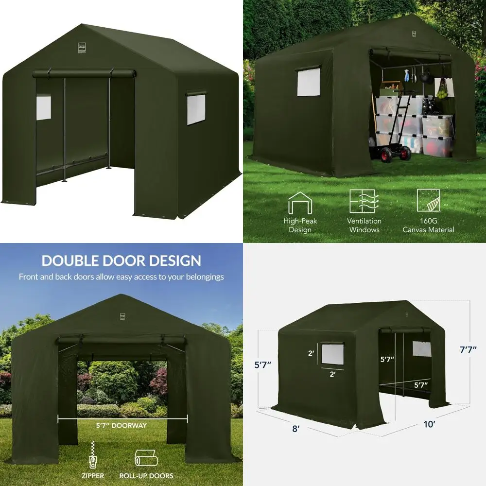 

Outdoor Storage Shed 10x8ft, Carport, Canopy Shelter with Dual Doors, Windows, Metal Frame, Weather-Resistant for Storing