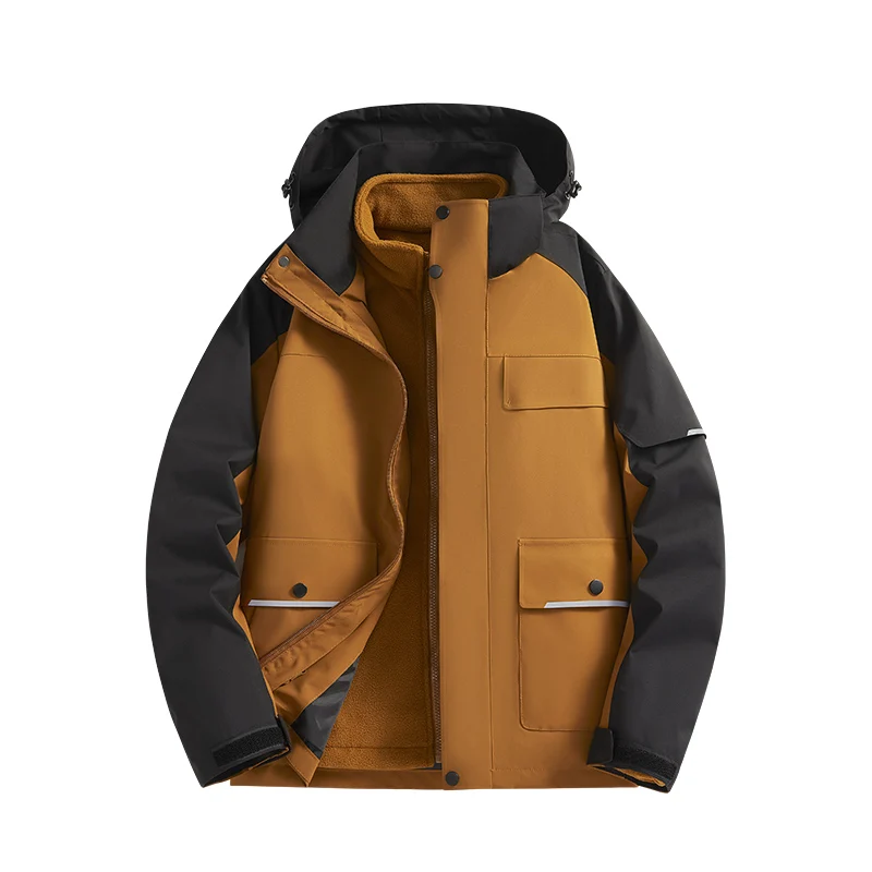 Autumn Winter 3-in-1 Jacket Casual Outdoor Mountaineering Windproof  Detachable Hat Coat Warm Inner Lining with Velvet Men Wear