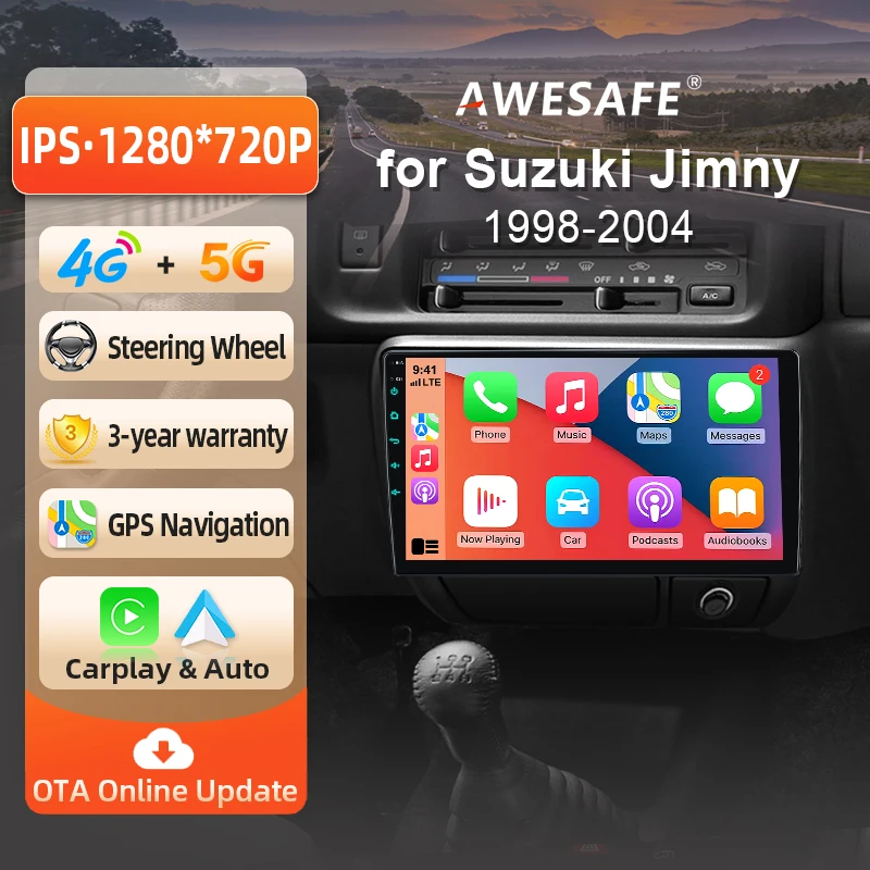 Autoradio Android AWESAFE 9 pouces pour Suzuki Jimny SN413 1998 1999-2004, CarPlay et Android Auto sans fil, navigation GPS, support multimédia, commande au volant, amplificateur de subwoofer, caméra arrière, prise EU, Plug and Play, autoradio numérique DAB+, autoradio 2 DIN, stéréo RDS DSP