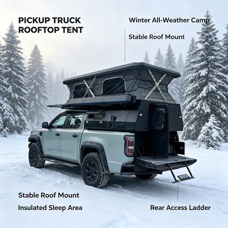 Rooftop Tent for Pickup with Aluminum Hard Shell, Pop Up Design Side Awning, Overland Vehicle Camping Shell Bed