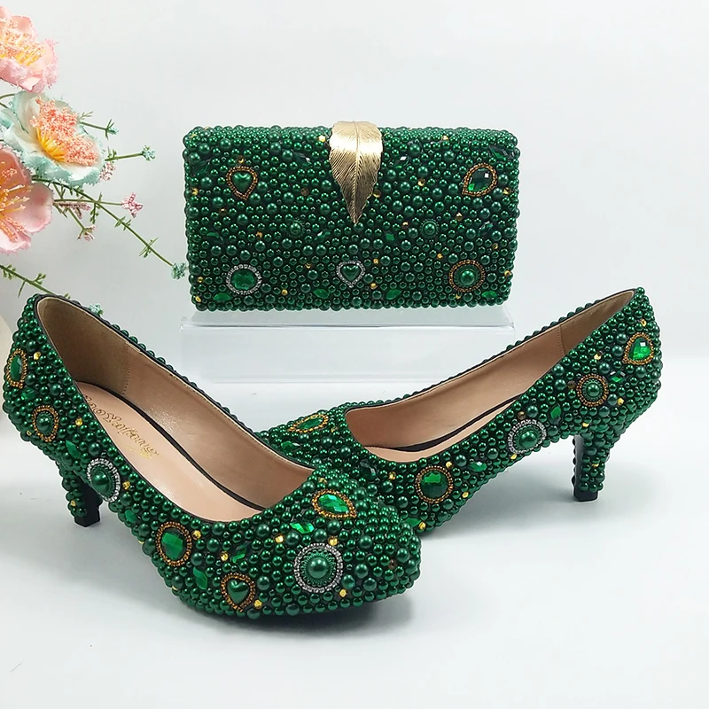 2024 New arrival Green Pearl Bridal shoes and Bag Set woman party dress shoes Big size ankle Strap Buckle Shoes High Pumps