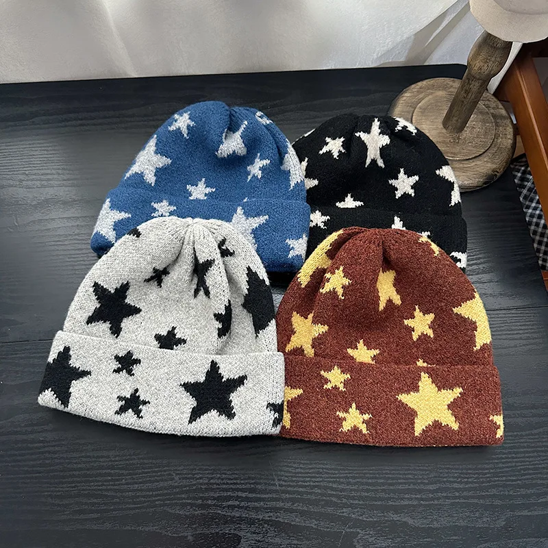 New Five Pointed Star Color Blocked Jacquard Knitted Hat for Men and Women Winter Korean Ins Fashion Y2K Warm Skull Beanie Caps