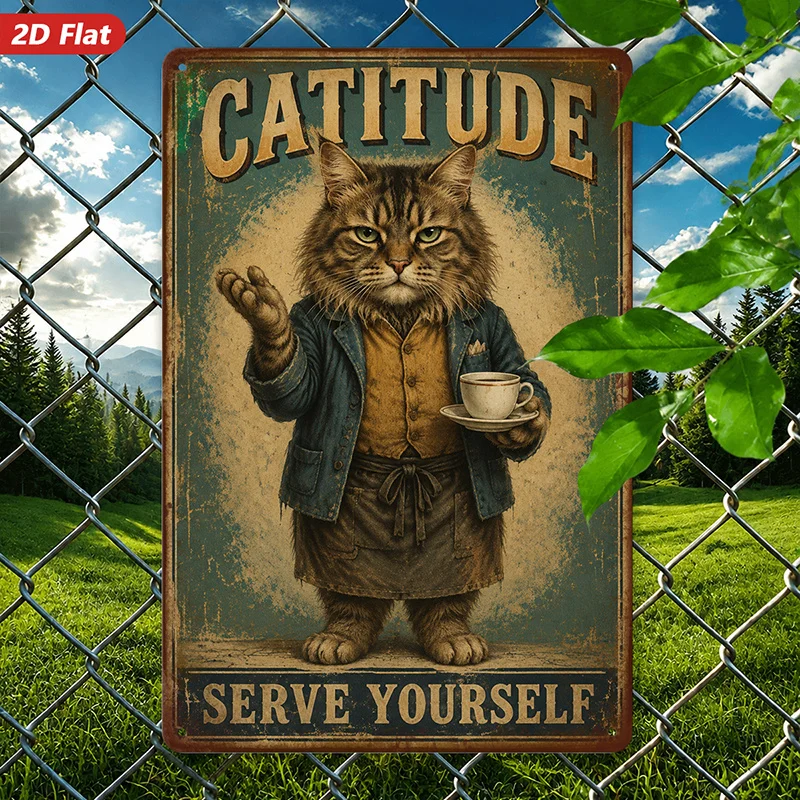 1pc Metal aluminum Sign Wall Art, Cat Attitude Home Decor, Vintage - Style Art, Cartoon Cat Design, Ideal for Living Room