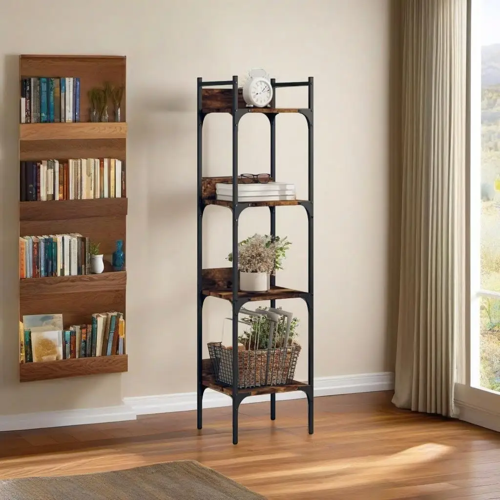 “4-Tier Smoked Oak Bookshelf - 13.8x11.8x54.5in Engineered Wood Storage Unit”