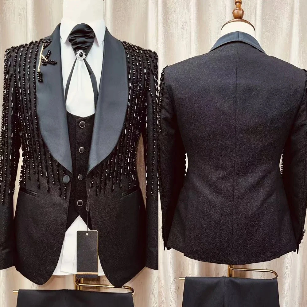 Gorgeous Men Formal Suits Beaded Crystal Jacquard One Button Shawl Lapel Groom Wedding Wear 3 Piece Prom Party Set Custom