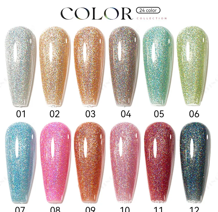 Eleanos Holographic Laser 24pcs Gel Nail Polish With Color Card For Manicure Soak Off 15ml Shiny Glitter UV LED Gel Varnishes