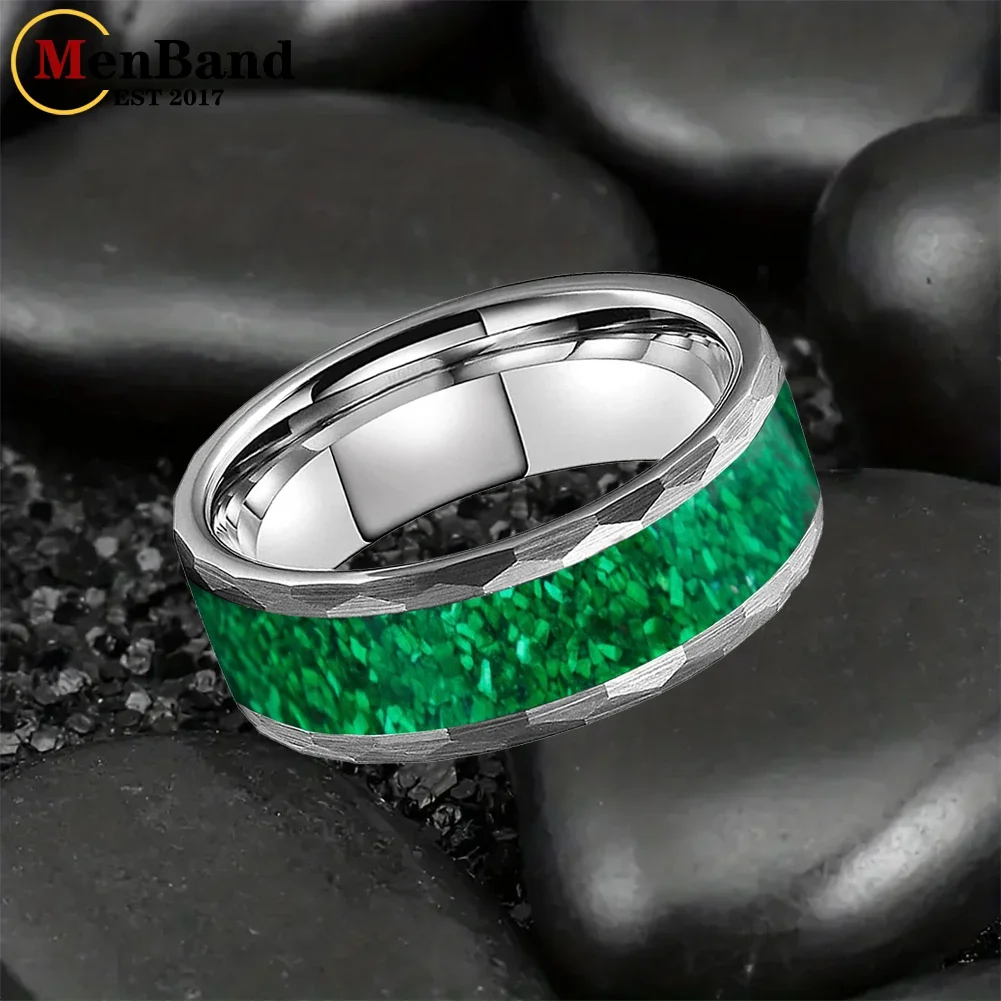 MenBand 8MM Black Hammered Green Opal Inlay Tungsten Wedding Rings Bands Anniversary Mans Mens Ring Jewelry Gifts Free Engraved