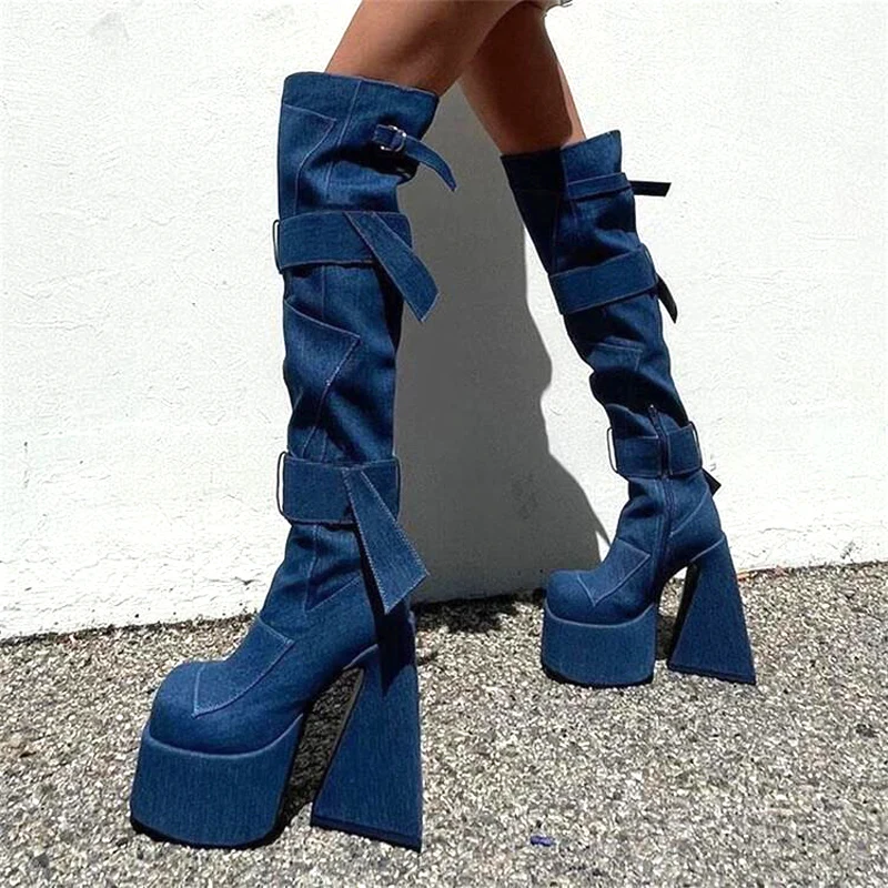 

Blue Denim Thick Belt Buckled Thigh Boots High Platform Square Toe Block High Heel Over Knee Boots Female Motorcycle Bottes