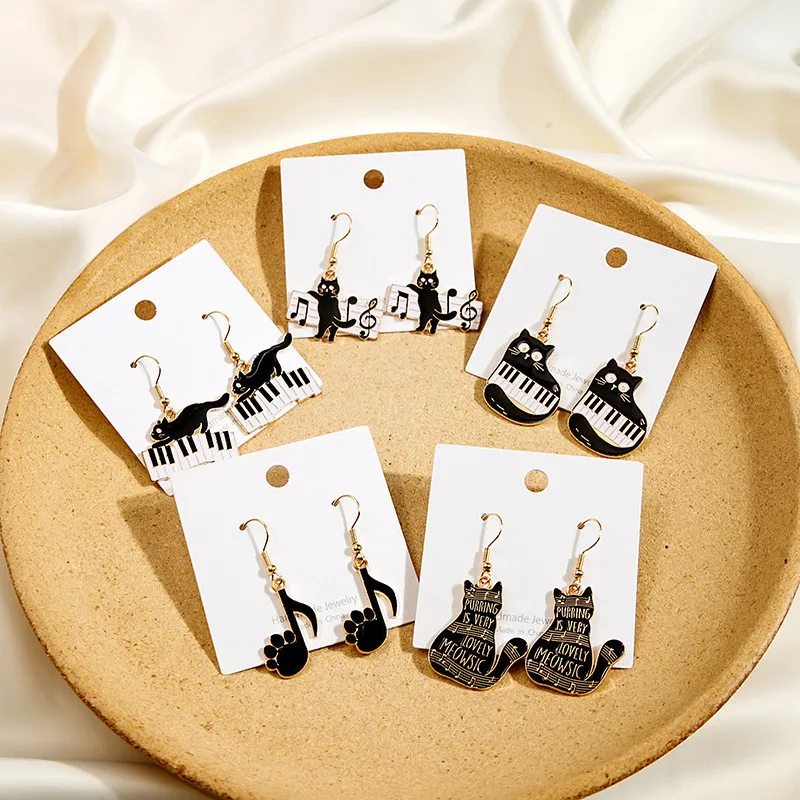 Cute Black Cat Music Piano Pendant Earring Fashion Retro Personality Kitty Dangle Ear Jewelry Party Gifts For Women Girls