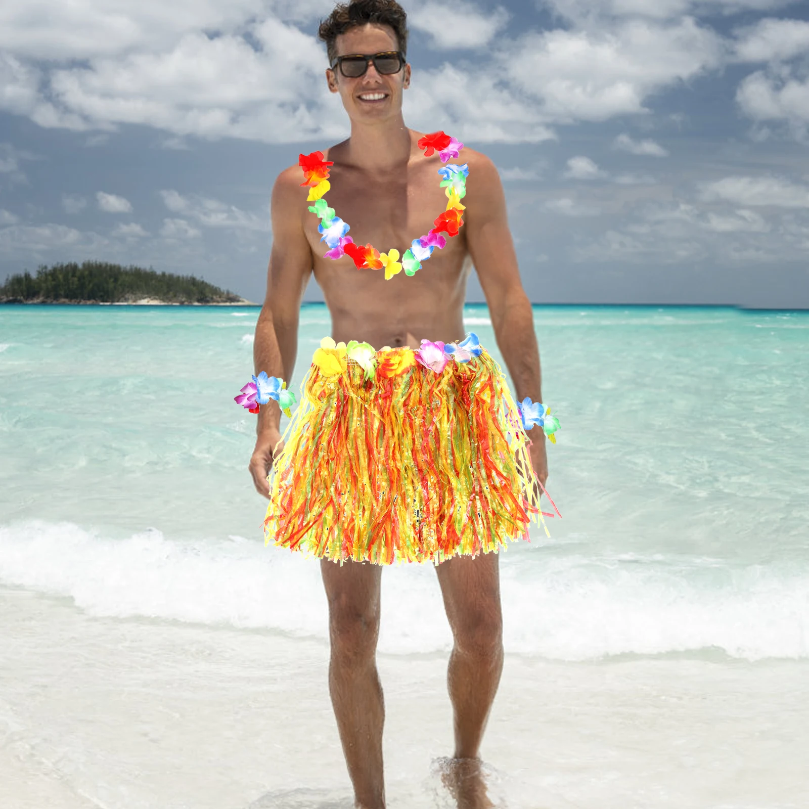 

2 Sets Hawaii Skirt Set Colorful Tropical Grass Skirts Flower Accessories Dancer Suit Elastic Waistband Bright Cloth