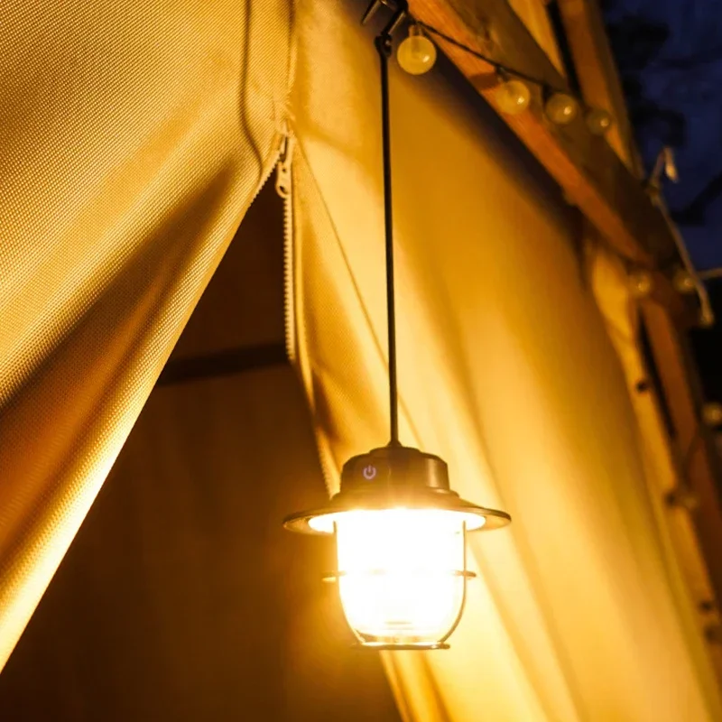 Retro Camping Omgevingslicht Type-C Oplaadbare Tent Licht 4 Verlichtingsmodi Traploos Dimmen Draagbare Outdoor Noodlamp