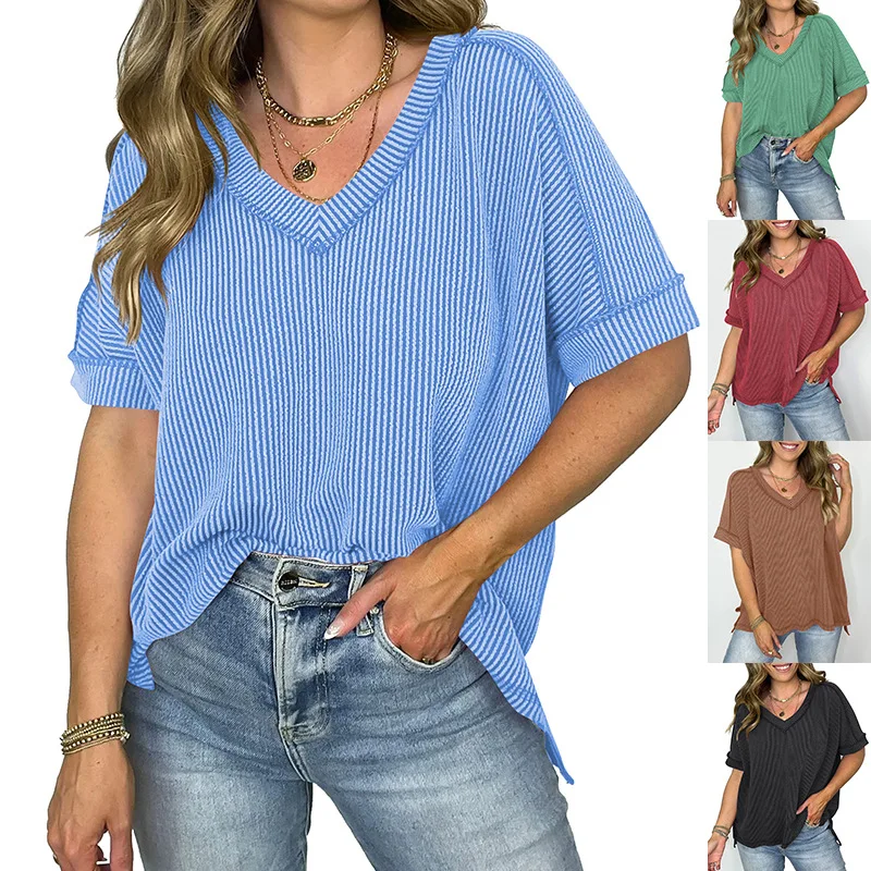 European and American Women's Clothing Twisted Strip Fashion Versatile V-Neck Splicing Slit Pullover T-Shirt for Women