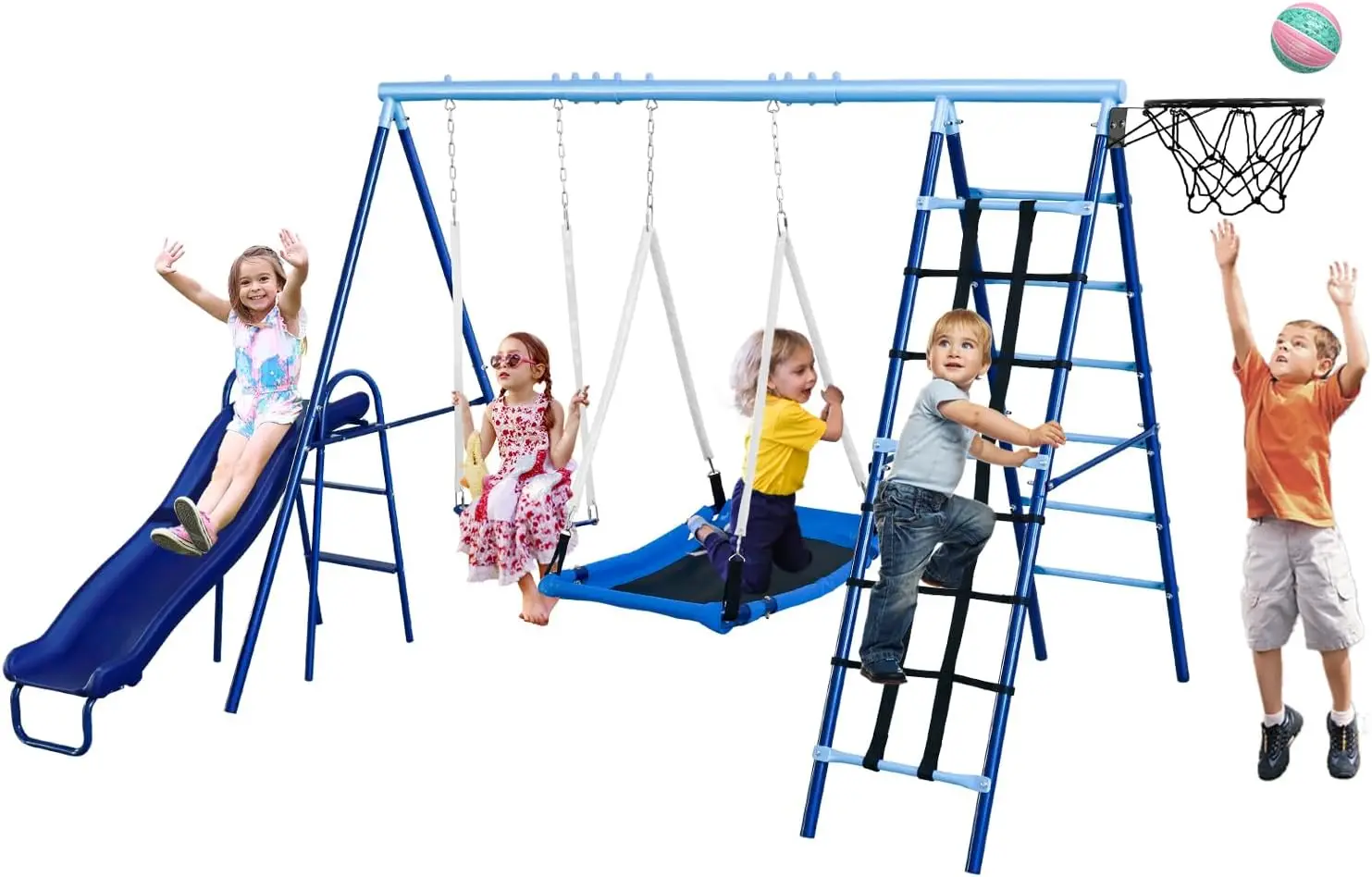 600lbs   Set for Backyard with Heavy Duty A-Frame Metal Swing Stand, Belt Swing, Platform Swing, Slide, Climbing Net &