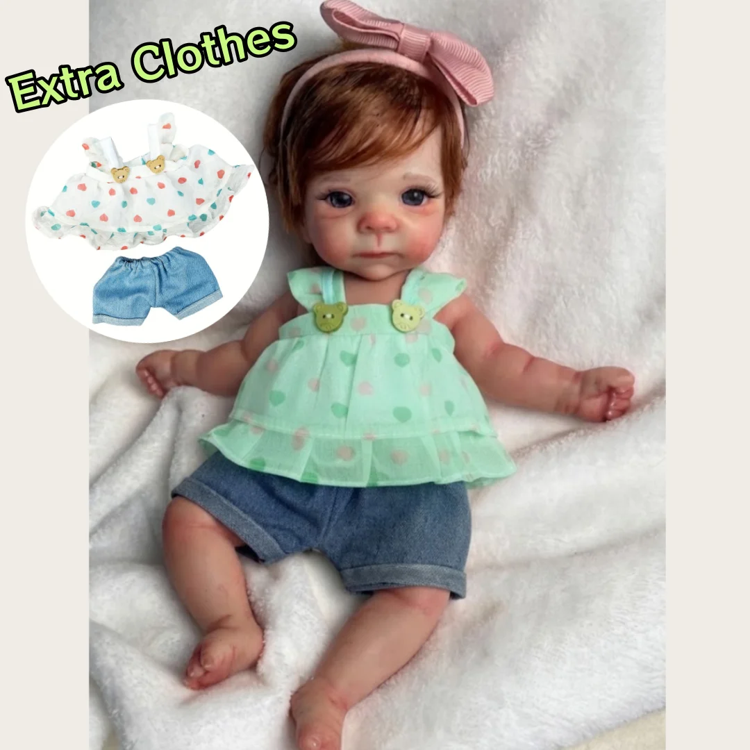2 Sets Kleidung/26cm Mini-Baby-Reborn-Puppen aus Silikon mit offenem Mund, Mädchenpuppen mit eingefärbtem Haar und bemalter Haut, weiche Reborn-Puppe – Detail 4