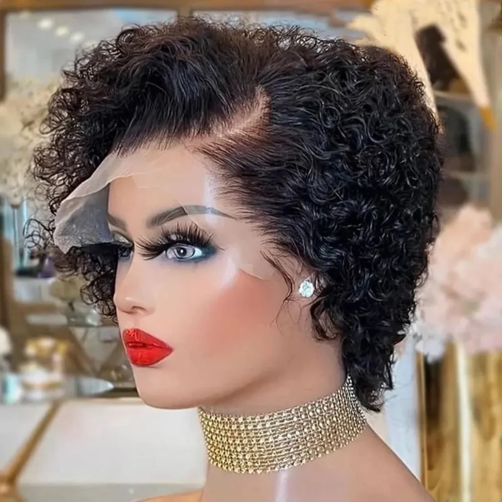 

Бразильский парик из человеческих волос Remy для женщин, вьющийся стрижка пикси с кружевной передней частью 13x4x1 для естественного вида, короткий вьющийся парик