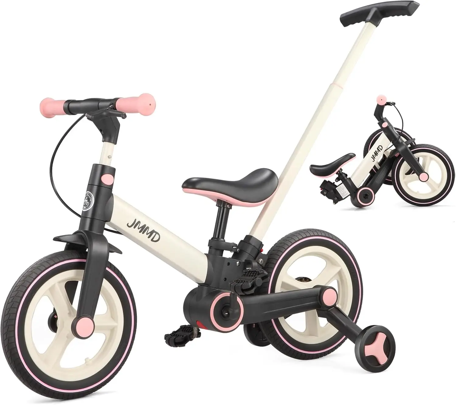 Toddler Bike with Push Handle for Kids 18-60 Months, 6 in 1 Foldable Push Bike with Training Wheels, Pedals, Brakes, Kickstand,