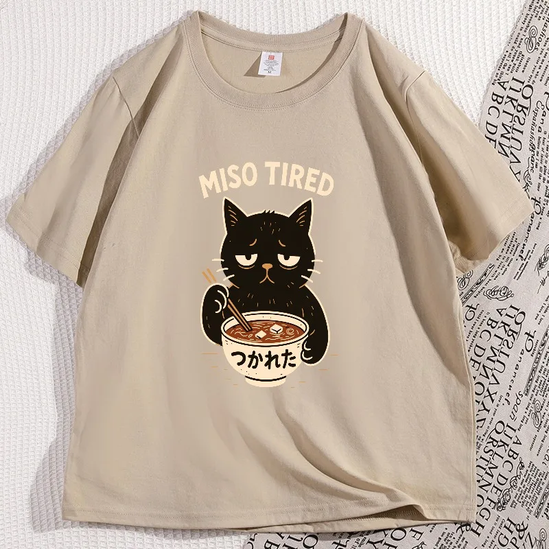 Camiseta divertida de gato de algodón, camiseta de Ramen cansado de miso, camiseta de comida japonesa Kawaii, camisetas gráficas Foodie, ropa de calle Y2k