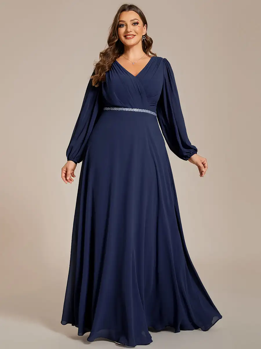 EVER PRETTY-robe de soirée en mousseline bleu marine, taille grande, col en V, manches longues, paillettes, longueur au sol, robe de demoiselle d'honneur, 2024