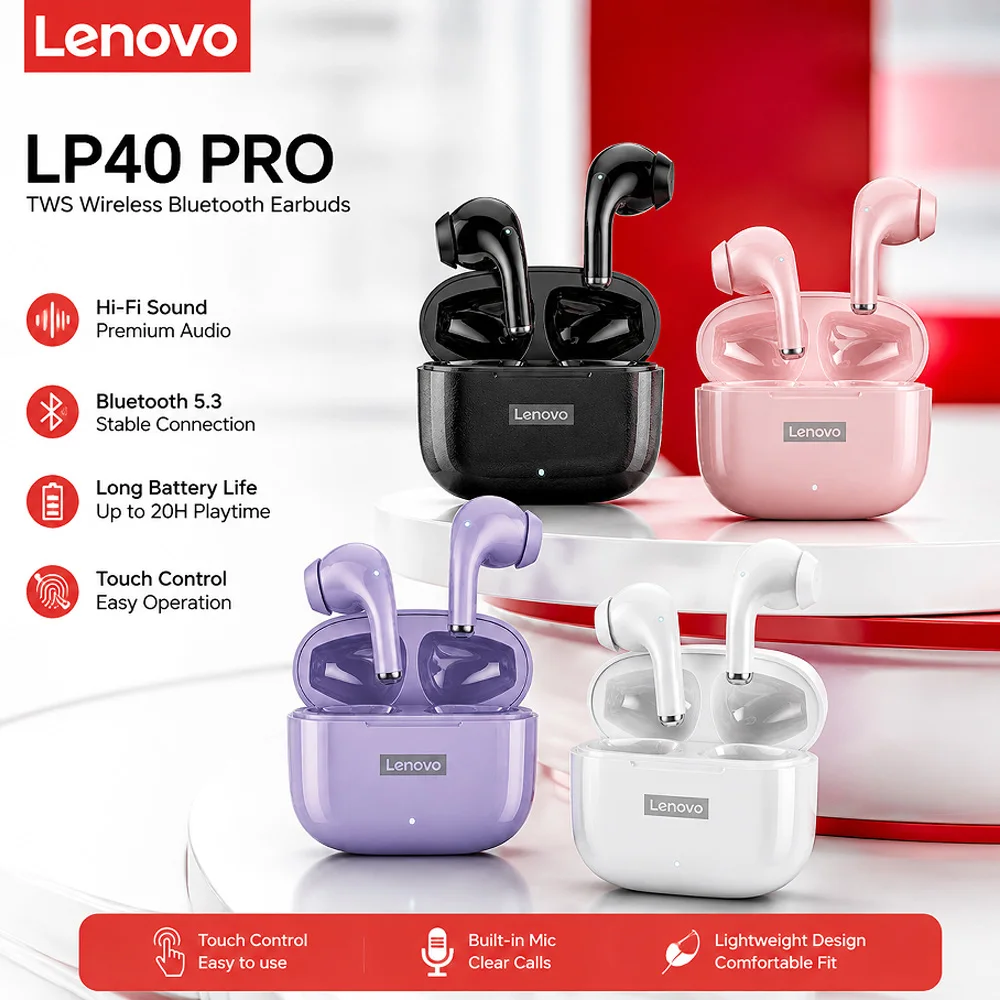 Lenovo LP40 PRO TWS Wireless Earbuds Bluetooth Headphones Touch Control Stereo Sound Long Battery Life Waterproof Earphones For