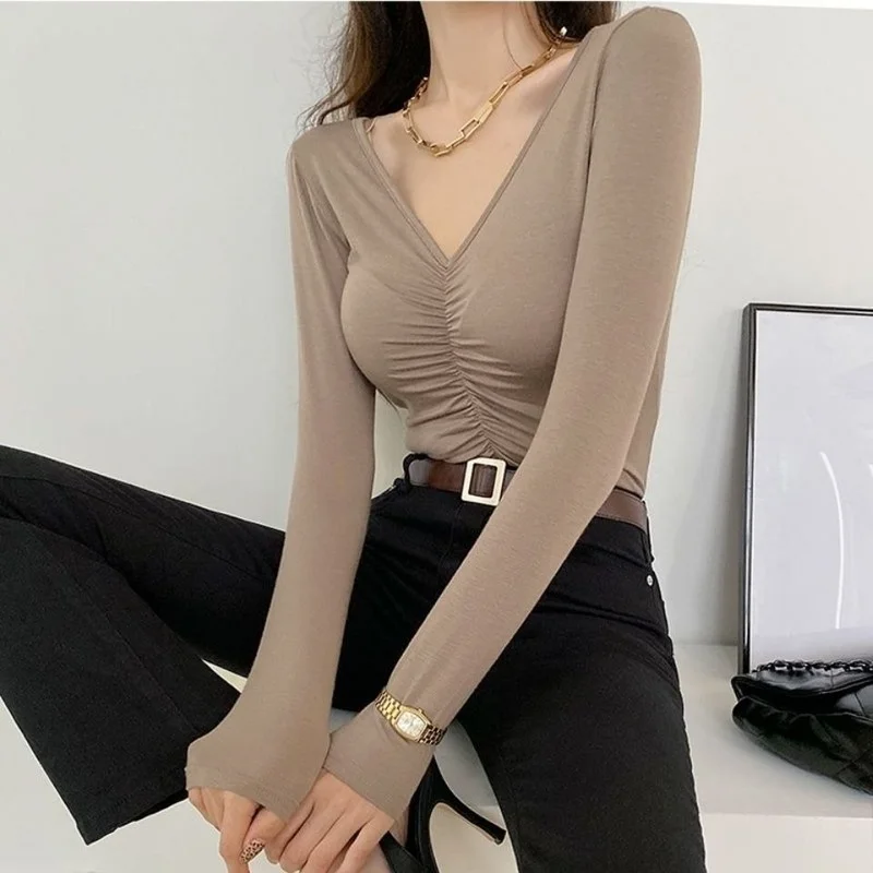 

Women V Neck Bottoming Shirt Long Sleeve TShirts Women's 2023 Spring Fall Slim Fit Top Sexy T-shirt Ropa De Mujer Clothing E353