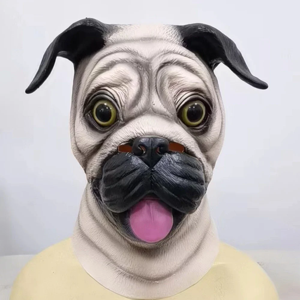 Latex Animal Dog Mask, Full Head Mask, Halloween Costume, Cosplay Party Prop, Pug Dog, Bulldog