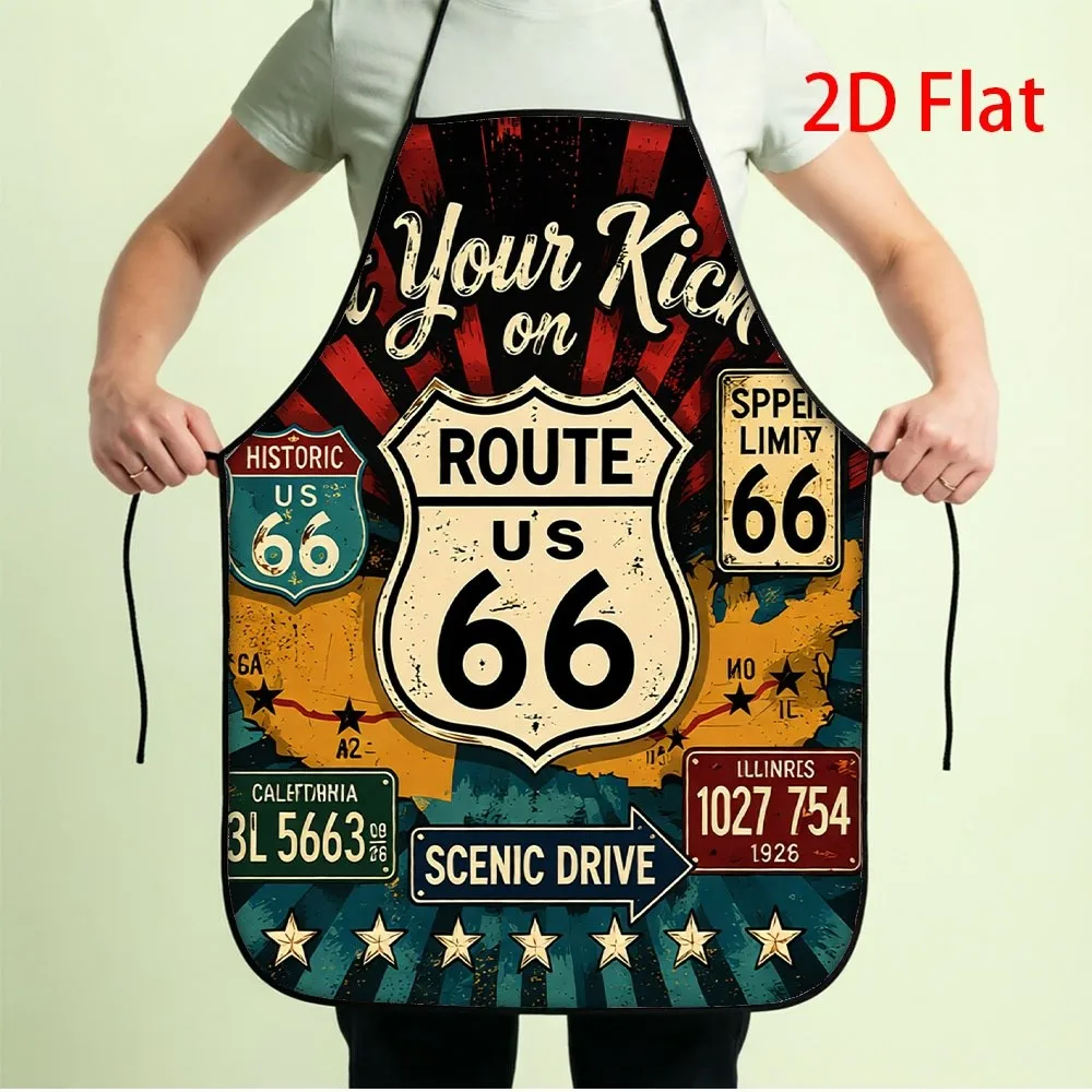 Vintage Route 66 Apron, Retro American Road Trip Sign Graphic Cooking Bib, Classic Car Kitchen Decor, Gift for Men Dad